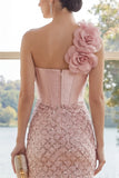 Sparkly One Shoulder Blush Bodycon Mini Dress with 3D Flower