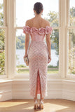 Off the Shoulder Blush Corset Bodycon Maxi Dress with 3D Flowers