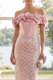 Off the Shoulder Blush Corset Bodycon Maxi Dress with 3D Flowers