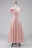 Sparkly One Shoulder Blush Ruched A Line Midi Dress