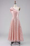 Sparkly One Shoulder Blush Ruched A Line Midi Dress