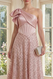 Sparkly One Shoulder Blush Ruched A Line Midi Dress