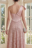 Sparkly One Shoulder Blush Ruched A Line Midi Dress