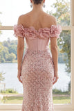 Off the Shoulder Blush Sequin Mermaid Corset Maxi Dress with 3D Flowers