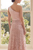 One Shoulder Blush A-Line Sequin Maxi Dress