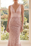 Sparkly Blush V Neck Sequin Mermaid Maxi Dress