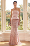 Sparkly Strapless Mermaid Blush Sequin Maxi Dress with Belt