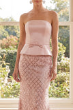 Sparkly Strapless Mermaid Blush Sequin Maxi Dress with Belt