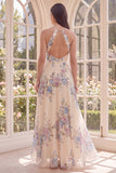 A Line Halter Apricot Floral Ruffled Open Back Beach Maxi Dress with Slit