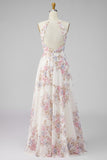 A Line Halter Apricot Floral Ruffled Open Back Beach Maxi Dress with Slit