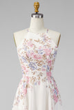 A Line Halter Apricot Floral Ruffled Open Back Beach Maxi Dress with Slit