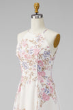 A Line Halter Apricot Floral Ruffled Open Back Beach Maxi Dress with Slit