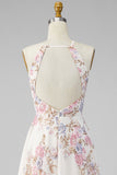 A Line Halter Apricot Floral Ruffled Open Back Beach Maxi Dress with Slit