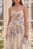 Basque Waist Apricot A Line Floral Maxi Dress with Ruffles