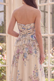 Basque Waist Apricot A Line Floral Maxi Dress with Ruffles