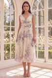 Ruched Apricot V-Neck Floral A Line Beach Midi Dress