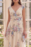 Ruched Apricot V-Neck Floral A Line Beach Midi Dress