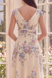 Ruched Apricot V-Neck Floral A Line Beach Midi Dress