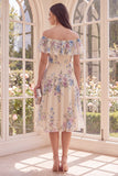 Off the Shoulder Apricot A Line Beach Midi Floral Dress with Ruffles
