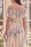 Off the Shoulder Apricot A Line Beach Midi Floral Dress with Ruffles