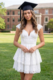 White Lace A-Line V-Neck Mini Graduation Dress with Cap Sleeves