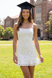 White Lace Bodycon Spaghetti Straps Mini Graduation Dress with Ruffles