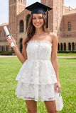 Off the Shoulder White A-Line Floral Ruched Mini Graduation Dress