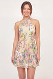 Yellow Halter Neck Tulle Floral Embroidered Mini Cocktail Dress