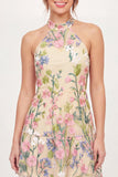 Yellow Halter Neck Tulle Floral Embroidered Mini Cocktail Dress