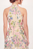 Yellow Halter Neck Tulle Floral Embroidered Mini Cocktail Dress