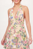 Tulle Floral A-Line Embroidered Halter Neck Yellow Mini Cocktail Dress