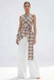 Brown Grid 2-Piece Bateau Neck Women Suits