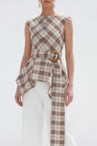 Brown Grid 2-Piece Bateau Neck Women Suits
