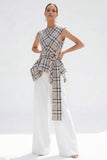 Brown Grid 2-Piece Bateau Neck Women Suits