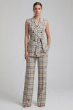 2-Piece Grey Grid Peak Lapel Double Breasted Women Suits