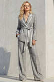 Grey Peak Lapel 2-Piece Women Suits with Belt