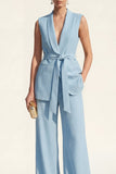 Shawl Lapel Blue 2-Piece Women Suits with Belt
