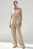Khaki Polka Dots 2-Piece Collared Women Suits