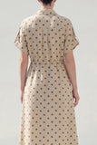Khaki Polka Dots A Line Collared Midi Work Dress