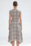 Grey Grid A Line Bateau Neck Asymmetrical Work Dress