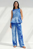 Blue 2 Piece Ruffled Bateau Neck Printed Business Suits with Pockets