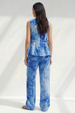 Blue 2 Piece Ruffled Bateau Neck Printed Business Suits with Pockets