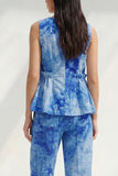 Blue 2 Piece Ruffled Bateau Neck Printed Business Suits with Pockets