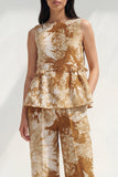 Blue 2 Piece Ruffled Bateau Neck Printed Business Suits with Pockets