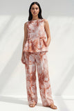Blue 2 Piece Ruffled Bateau Neck Printed Business Suits with Pockets