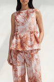 Blue 2 Piece Ruffled Bateau Neck Printed Business Suits with Pockets