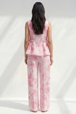 Blue 2 Piece Ruffled Bateau Neck Printed Business Suits with Pockets