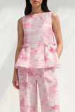 Blue 2 Piece Ruffled Bateau Neck Printed Business Suits with Pockets