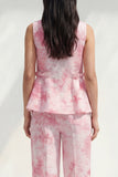 Blue 2 Piece Ruffled Bateau Neck Printed Business Suits with Pockets