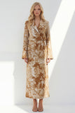 Brown 2 Piece Notched Lapel Long Sleeves Printed Business Suits with Back Slit